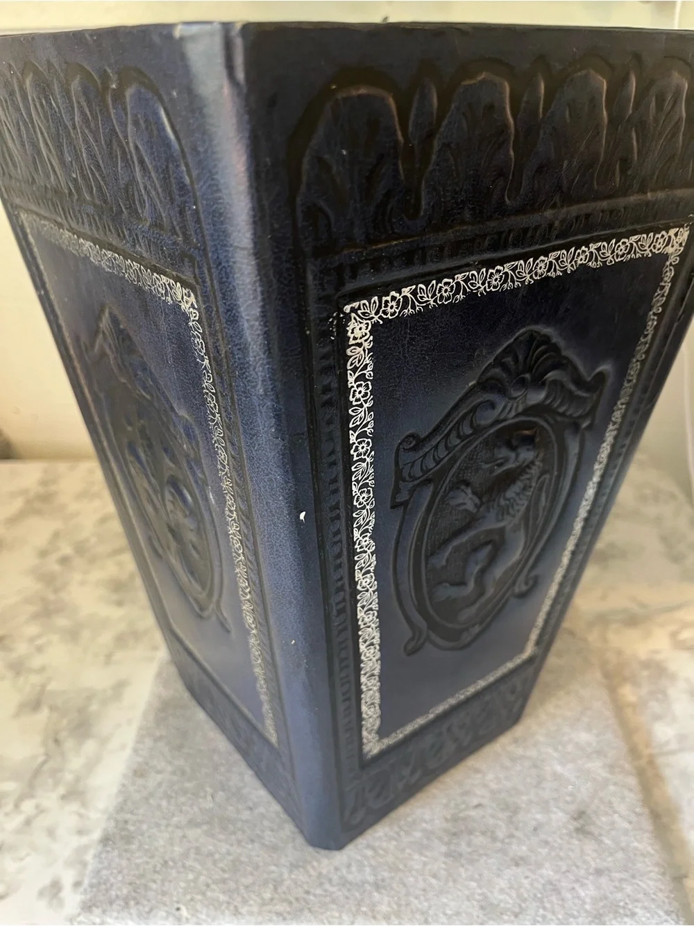 Vintage Italian Florentine Wastebasket Faux Leather Dark Navy Blue Collapsible